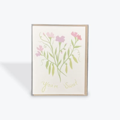 Greeting card with pink flowers and the words "You're Sweet"
