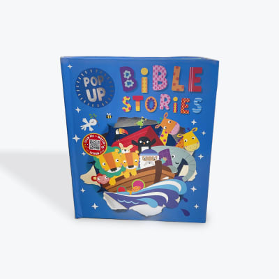 Blue children's book titled Pop Up Bible Stories with colorful animal illustrations