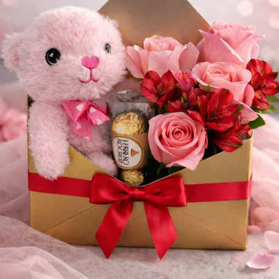 Pink teddy bear with roses and chocolates in a gift box