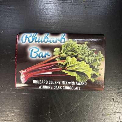 Box of rhubarb slushy mix with dark chocolate