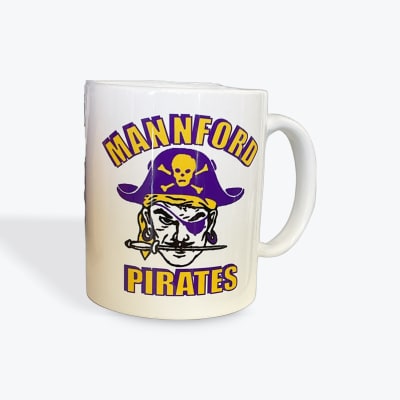 White mug with a purple and yellow pirate graphic and text