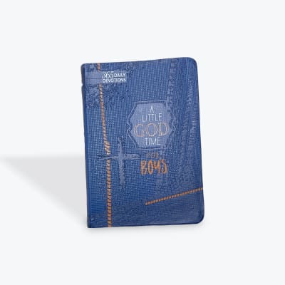 Blue devotional book with gold text on the cover