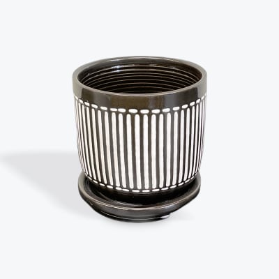 Black and white striped ceramic planter with a matching saucer