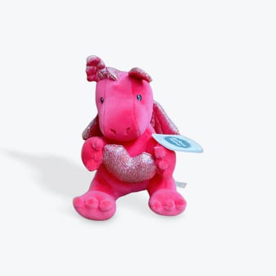 Pink plush dragon toy with glittery wings and belly