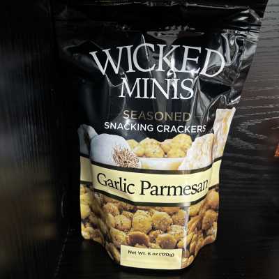 Bag of Wicked Minis garlic parmesan seasoned crackers