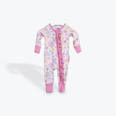 Pink floral baby onesie with ruffled front zipper