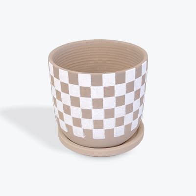 Beige checkered ceramic planter with a matching saucer