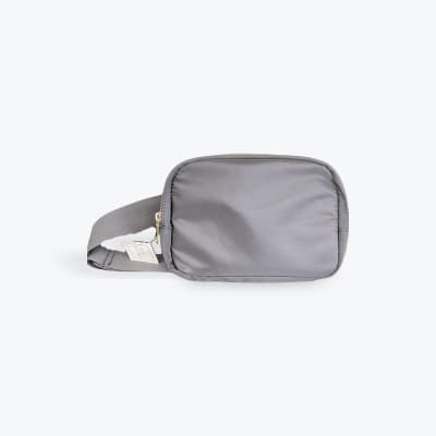 Gray zippered waist bag with an adjustable strap