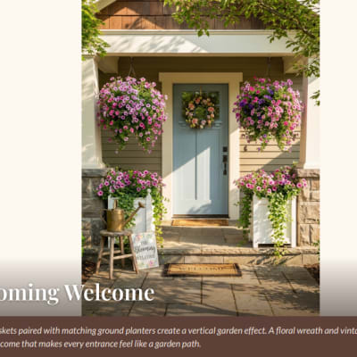 Hanging baskets and planters of pink flowers frame a front door with a wreath.