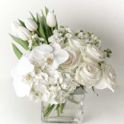 White roses, orchids, and tulips arranged in a clear square vase
