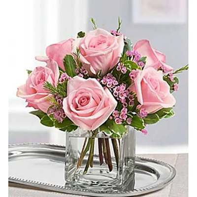 Pink roses arranged in a clear glass vase