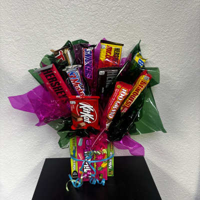 Bouquet of assorted candy bars wrapped in bright cellophane