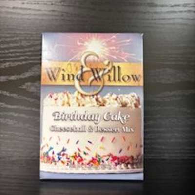 Birthday cake mix box on a dark table