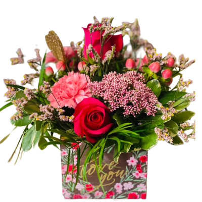 Pink and red rose bouquet in a floral gift box