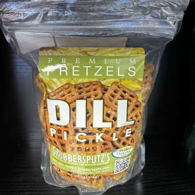 Bag of dill pickle pretzels in clear packaging