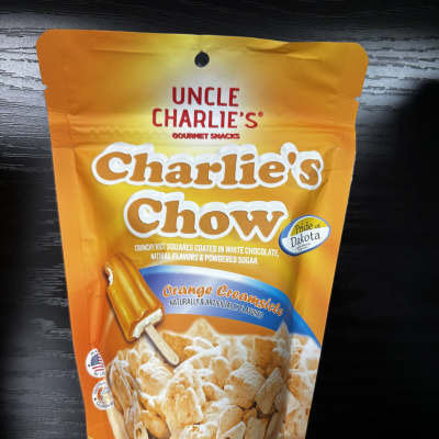 Orange snack bag of Charlie's Chow orange creamsicle candy