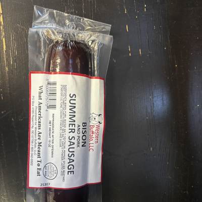 Packaged bison and pork summer sausage in clear plastic wrap