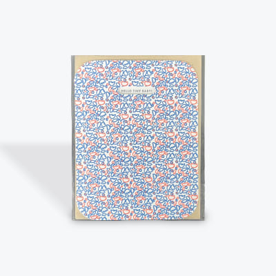 Patterned greeting card with "HELLO TINY BABY!" text
