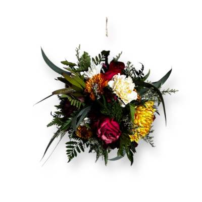 Mixed bouquet with red, white, and yellow flowers
