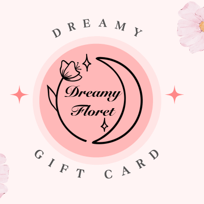 Pink floral gift card with a Dreamy Floret logo and flower illustrations