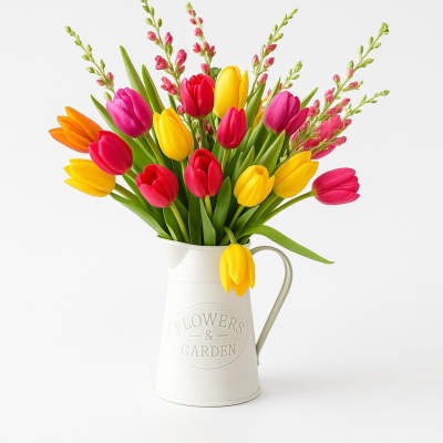 Colorful tulips arranged in a white metal pitcher vase
