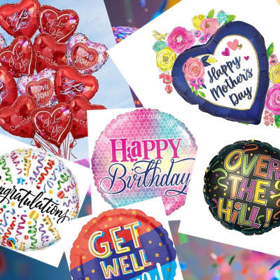 Assorted heart-shaped and round foil balloons with greeting text