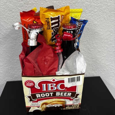 Candy and soda gift set in a root beer box with ribbon