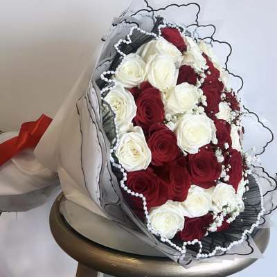 35 Red and White Roses Hand Bouquet