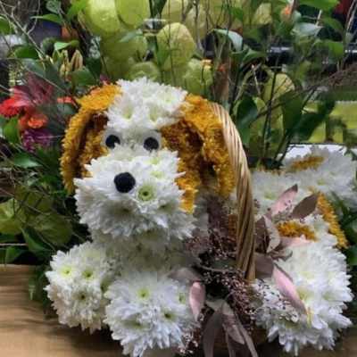 Flower arrangement shaped like a dog in a basket