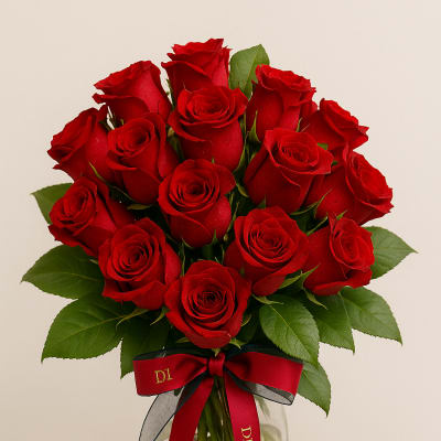 Bouquet of red roses in a clear glass vase with a red ribbon