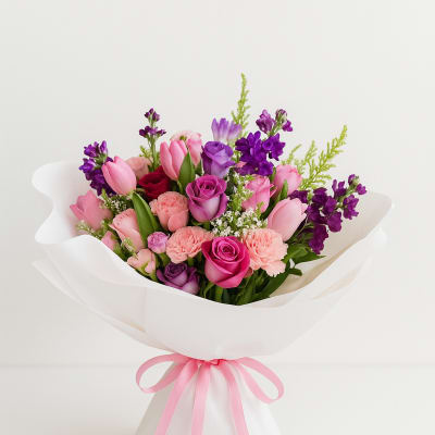 Pink and purple mixed bouquet wrapped in white paper with a pink ribbon
