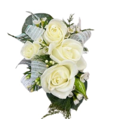 White rose bouquet with silver ribbon accents