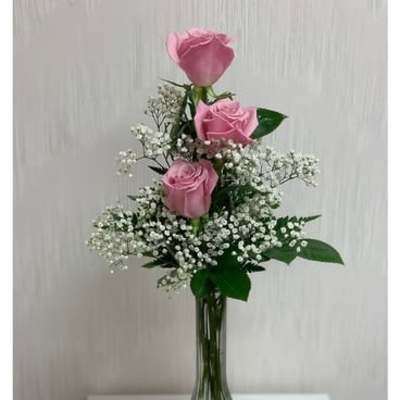 Pink roses in a tall glass vase with white baby's breath
