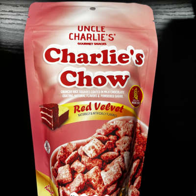 Pink bag of Uncle Charlie's Charlie's Chow red velvet snack mix