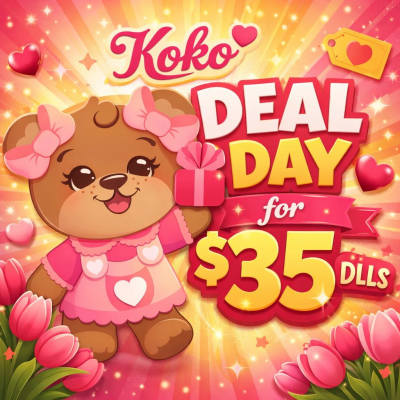 Cartoon teddy bear with pink bows and tulips on a bright sale graphic