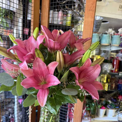 Pink lilies arranged in a clear glass vase
