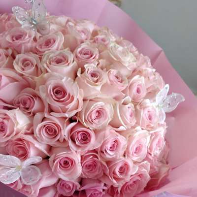 Bouquet of pale pink roses wrapped in pink paper with butterfly picks