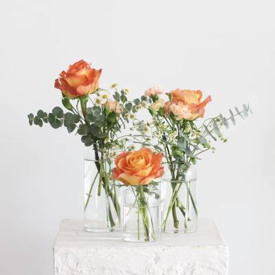 Orange roses in clear glass vases with small white filler flowers