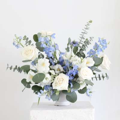 White roses and blue flowers arranged in a white vase