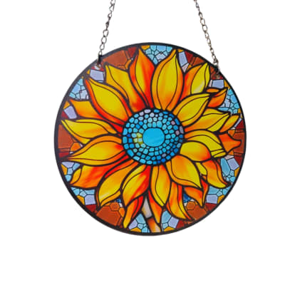 Round hanging sunburst panel with yellow and orange petals