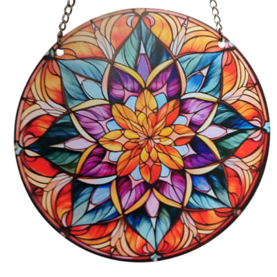 Round stained-glass-style hanging panel with a colorful floral mandala design