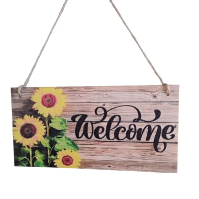 Wooden welcome sign with sunflowers and rope hanger