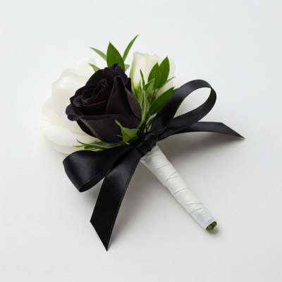 Black and white rose boutonniere with a black ribbon