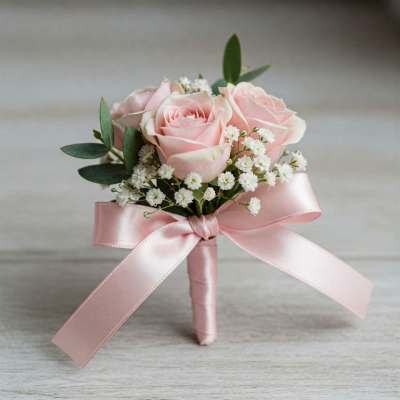 Pink rose boutonniere with baby's breath and a satin ribbon wrap
