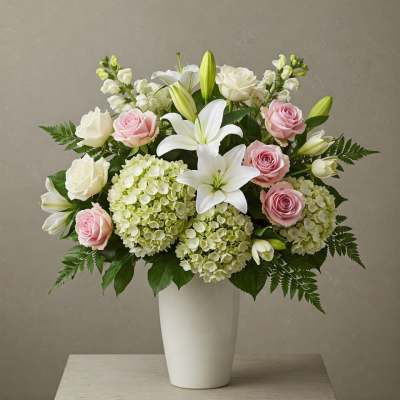 Pink roses and white lilies in a white vase