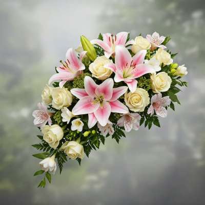 Pink lilies and cream roses in a cascading bouquet