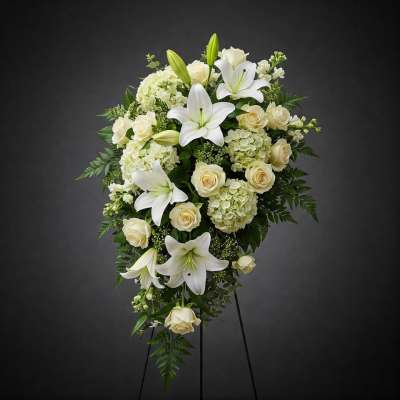White lilies and cream roses in a standing floral spray