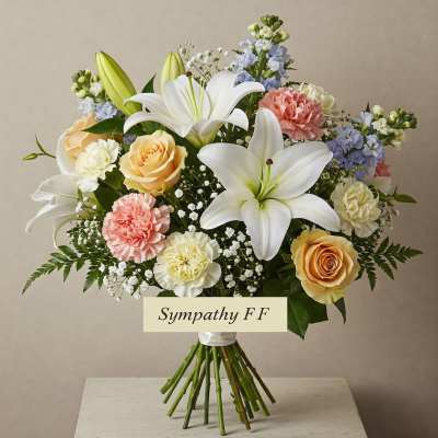 Sympathy bouquet with white lilies, roses, and carnations