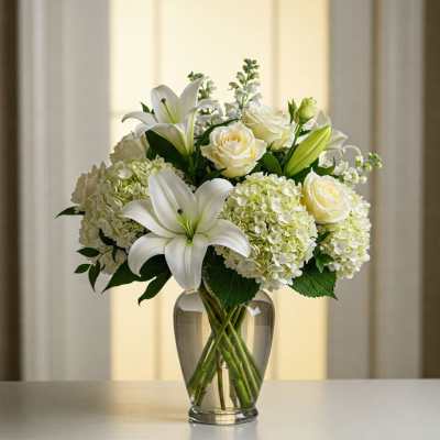 White lilies and roses arranged in a clear glass vase
