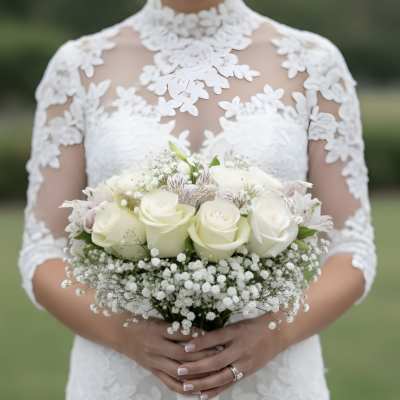 Bride holding a white rose bouquet with baby's breath